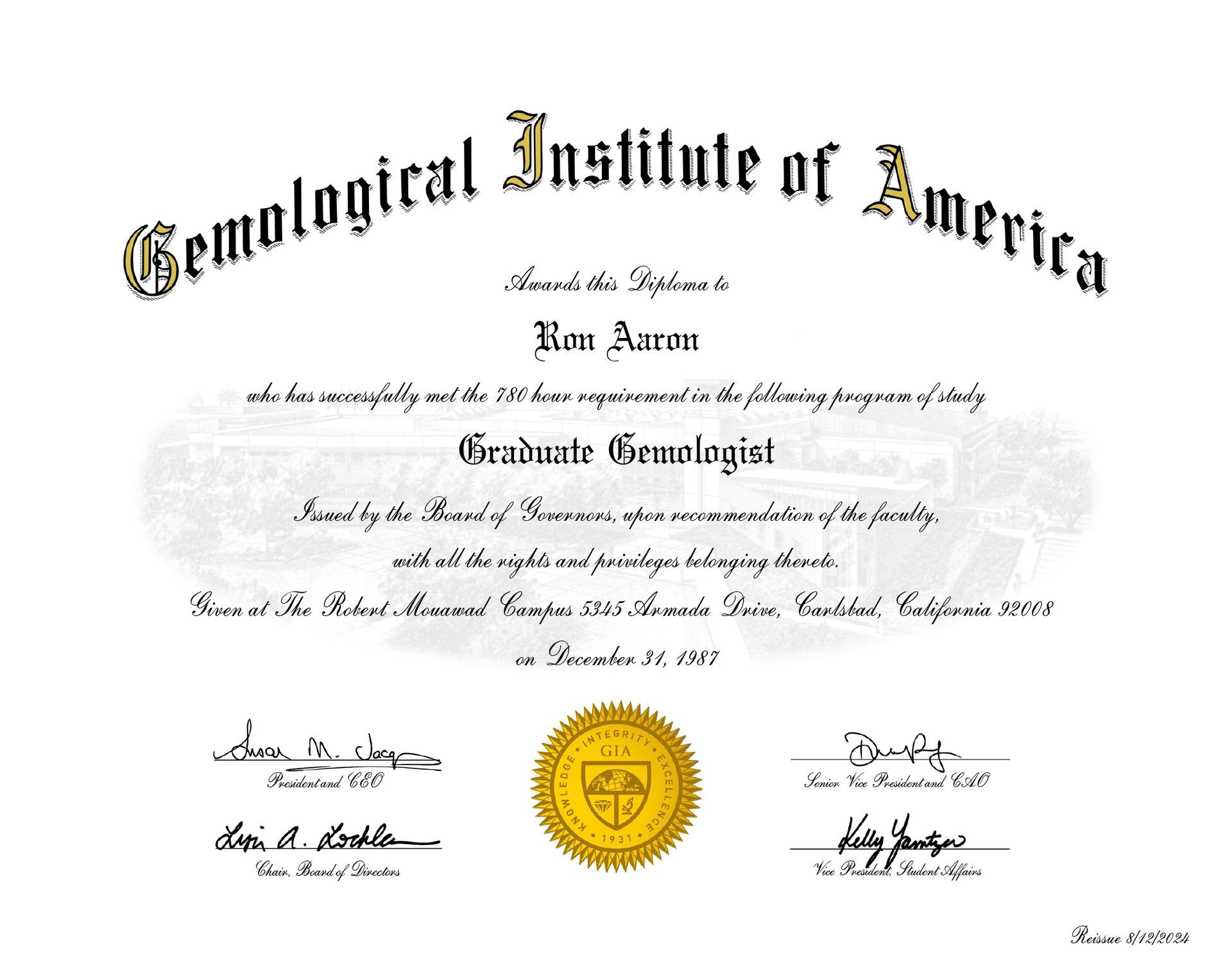 Geological Institute of America diploma certificate with gold seal and black calligraphy on white background
