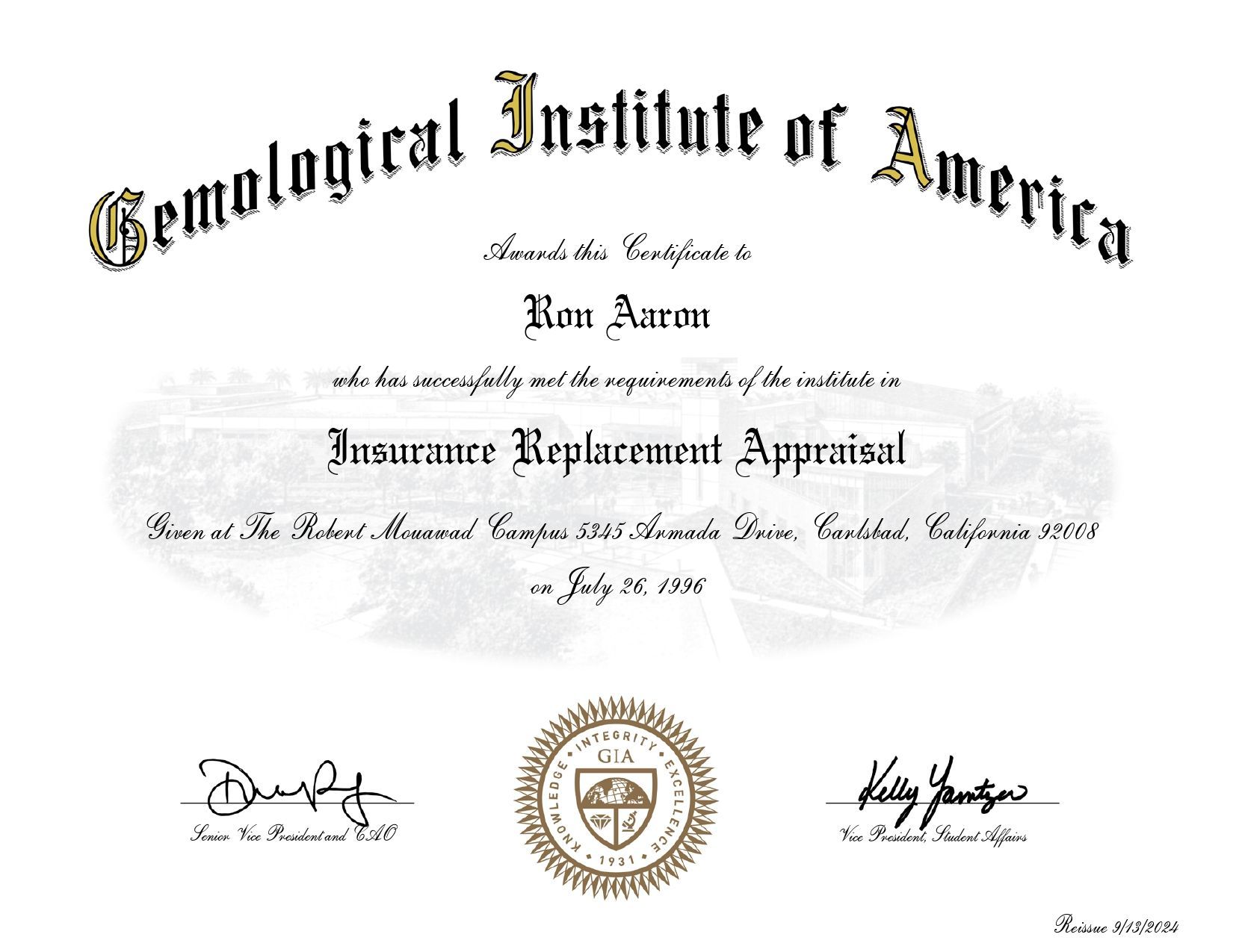 Certificate from the Geological Institute of America with gold seal and signatures on a white background