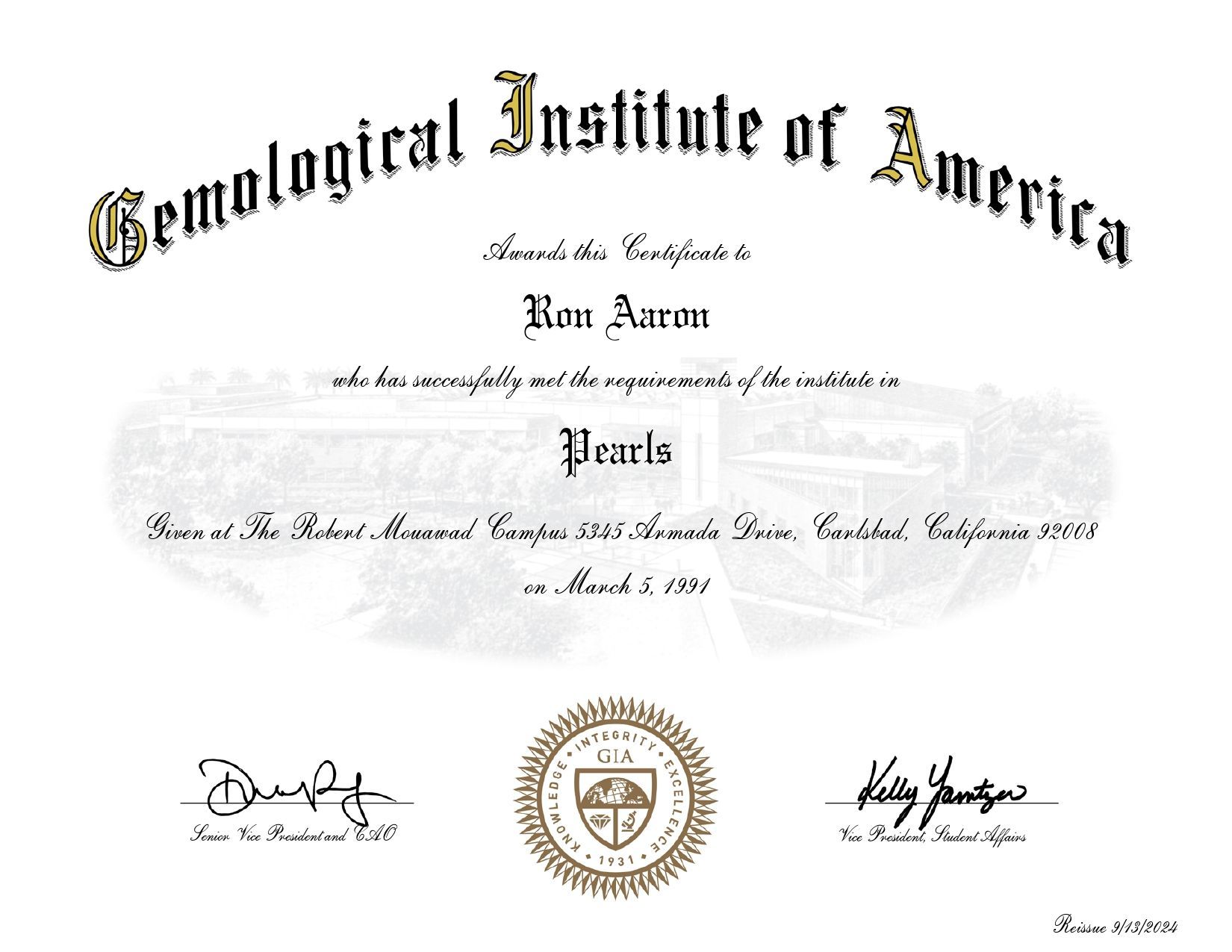 Official certificate from the Gemological Institute of America with decorative script and seal.