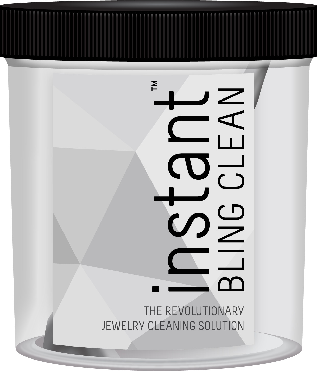 Instant Bling Clean jewelry cleaning solution in a clear jar with black lid, gray label