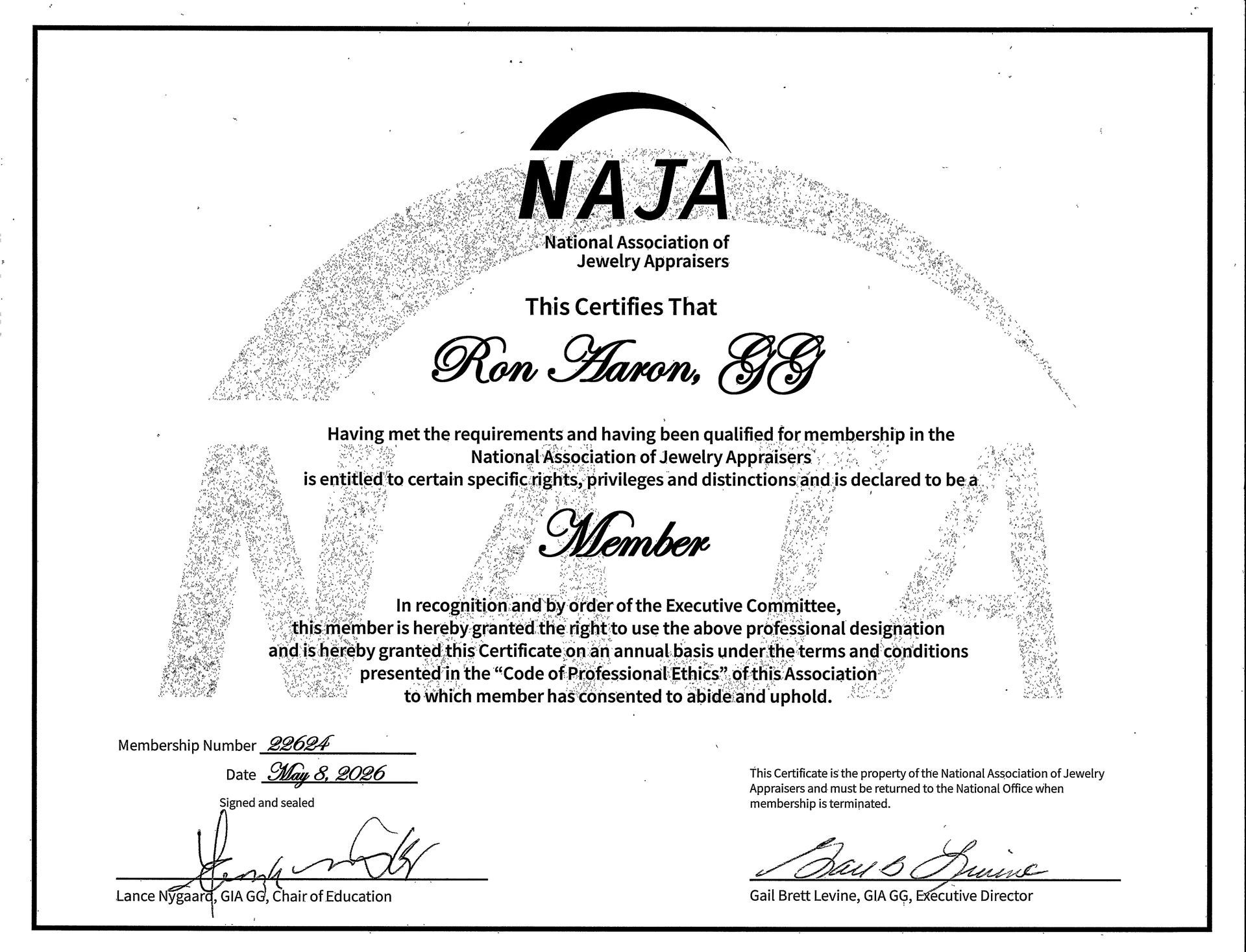 NAJA membership certificate with ornate border and signatures
