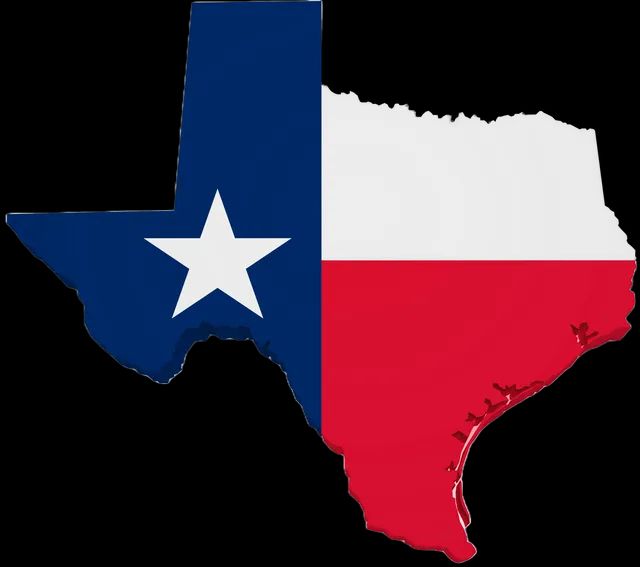 Texas state outline in blue, white, and red with a white star on a black background