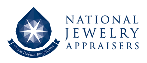 National Jewelry Appraisers logo with blue shield emblem and serif text on white background