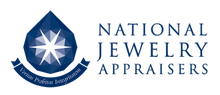 National Jewelry Appraisers logo with blue shield emblem and serif text on white background