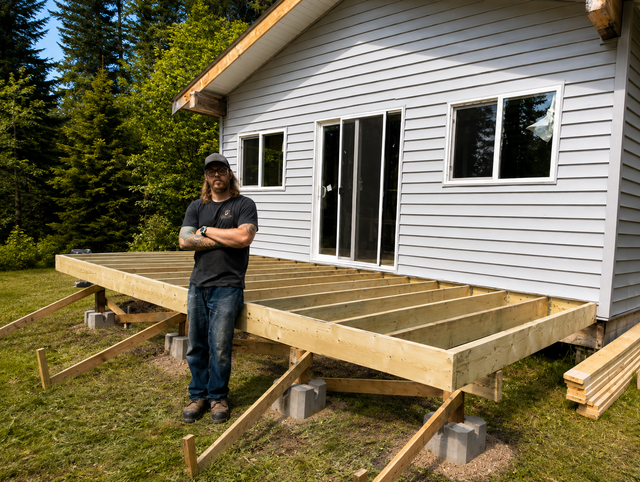 Man standing on a new wooden deck under construction beside a gray house with siding and windows.