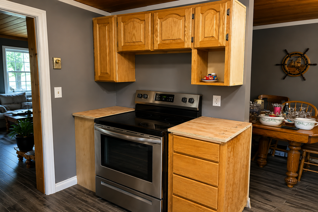 Small kitchen with stainless stove, wood cabinets, and a countertop nook beside a dining area.