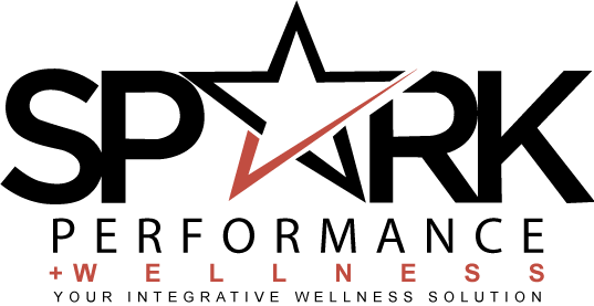 The logo for spark performance wellness is black and red with a star in the middle.