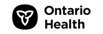 A black and white logo for ontario health with a heart in a circle.