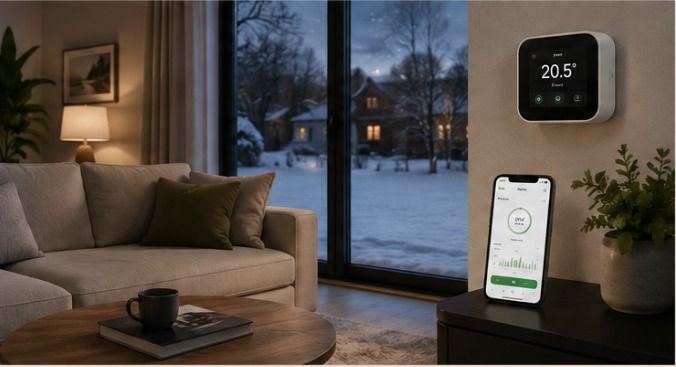 Warm Scottish home interior with smart heating controls for an air source heat pump system