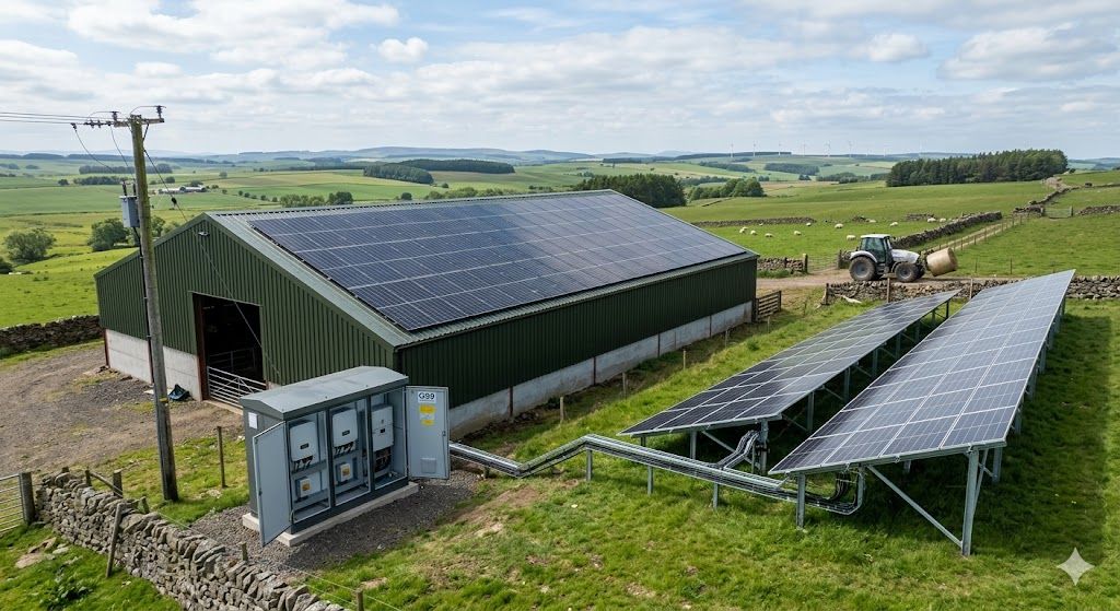 Large commercial solar panel installation on an agricultural building in Scotland