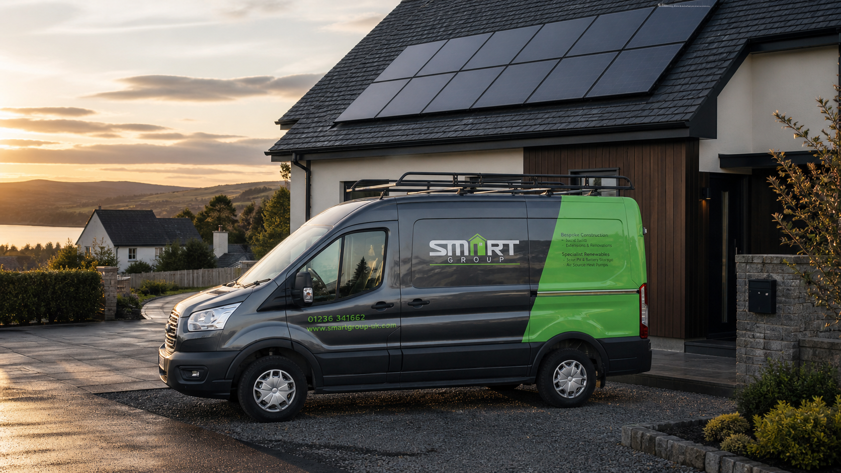 Smart Group van outside a Scottish home with rooftop solar panels