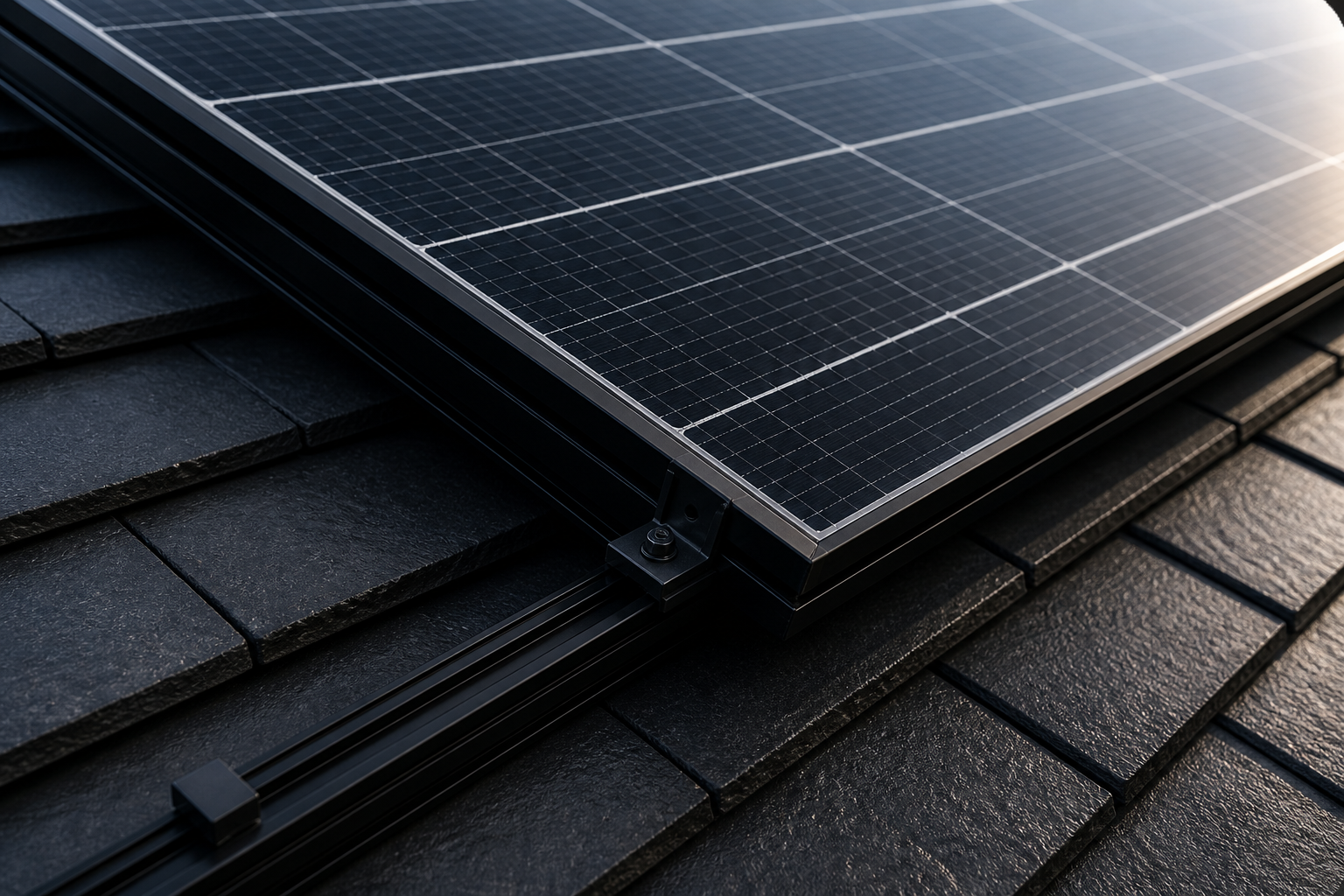 Close-up of solar panels professionally installed on a slate roof in Scotland