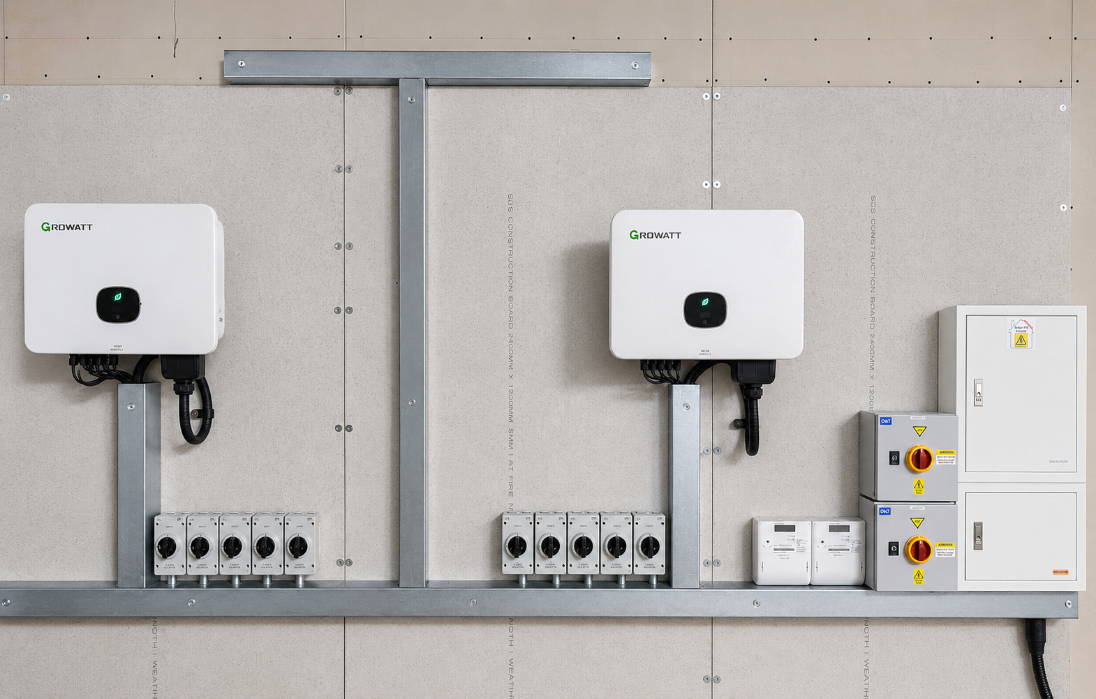 Battery storage and inverter system showing professionally installed electrical controls