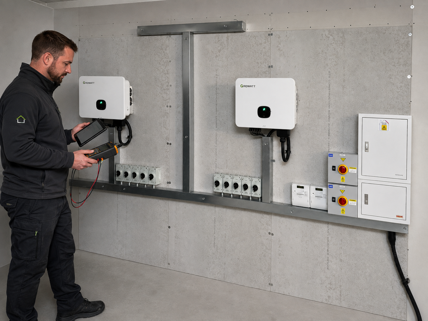 Smart Group engineer commissioning a twin solar inverter and electrical control installation