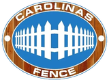 Carolina Fence logo with white fence inside blue oval on woodgrain background