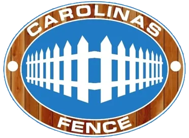 Carolina Fence logo with white fence inside blue oval on woodgrain background
