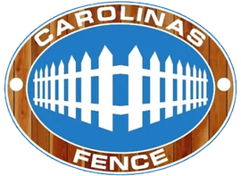 Carolina Fence logo with white fence inside blue oval on woodgrain background