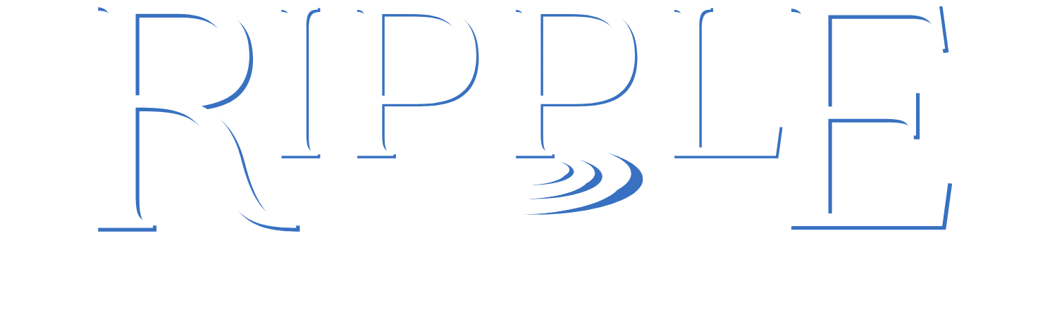 Ripple logo with blue outline font and wave graphic.