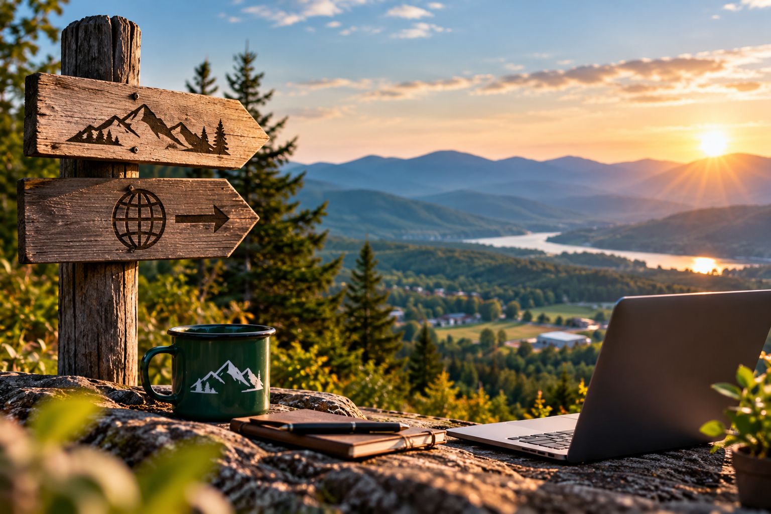 Wooden trail sign and laptop on a hillside overlooking a river valley at sunset