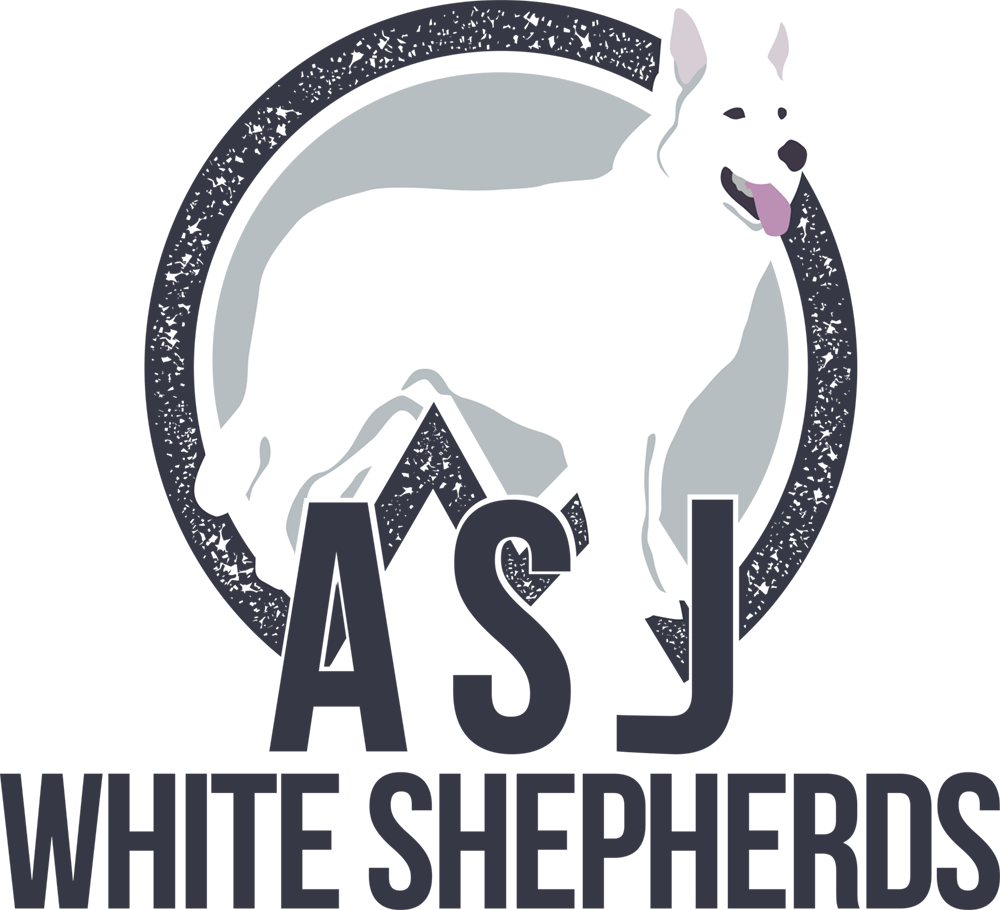 White German Shepherd dog inside a grey circle logo, with the text 