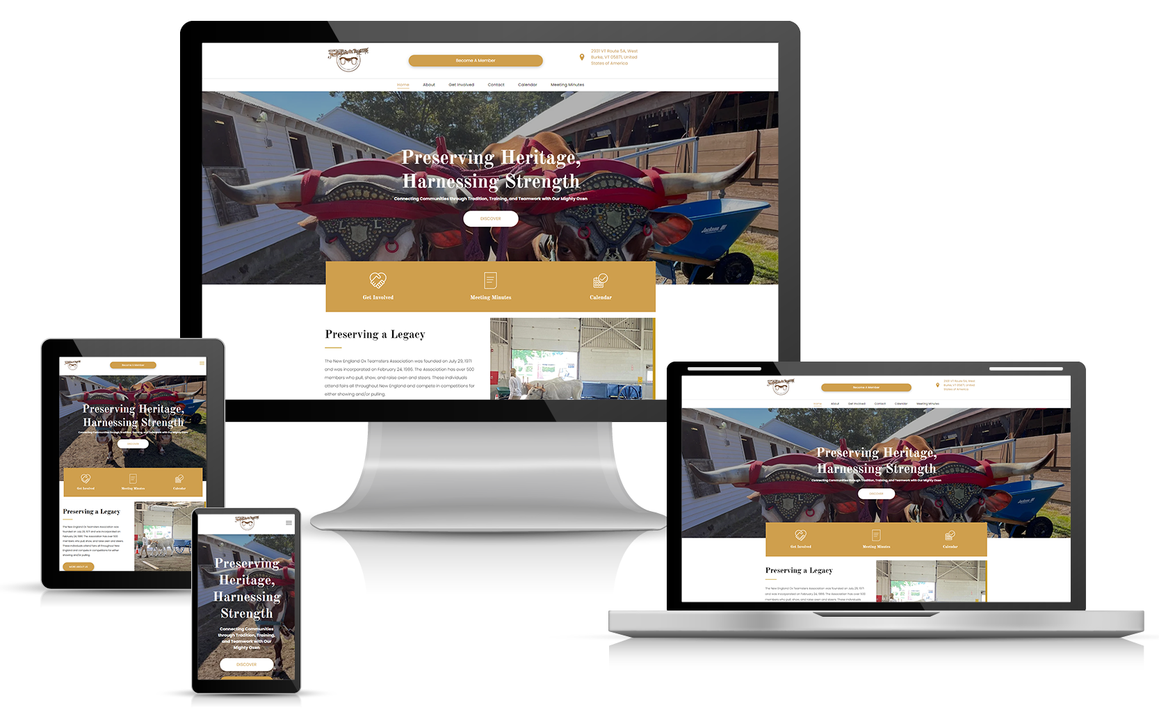 Association of New England Ox Teamsters Website design displayed on a desktop, laptop, tablet, and smartphone screens.
