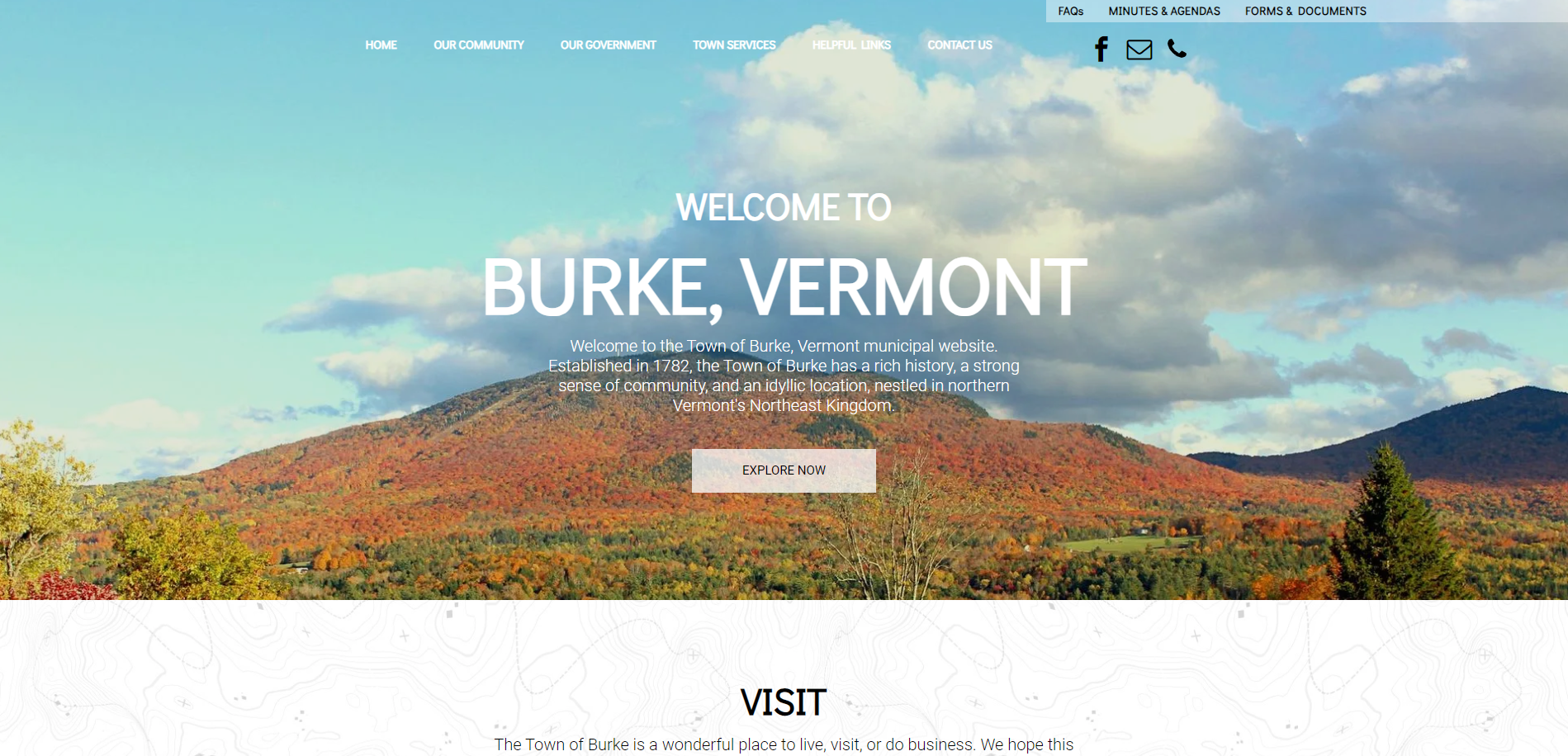 Website homepage: welcome to Burke, Vermont, with mountain vista in autumn colors.