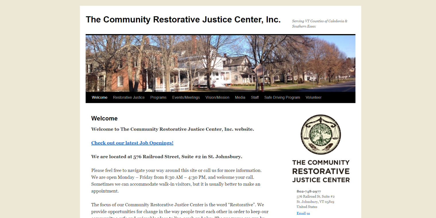 Website homepage for The Community Restorative Justice Center. Features a street view photo and logo.