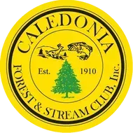 Yellow Caledonia Forest & Stream Club logo with text and imagery of a deer, fish, and pine tree.