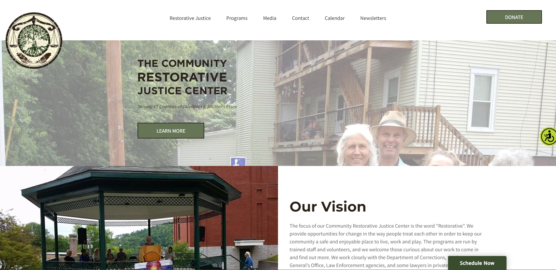 Website homepage for the Community Restorative Justice Center with logo and vision statement.