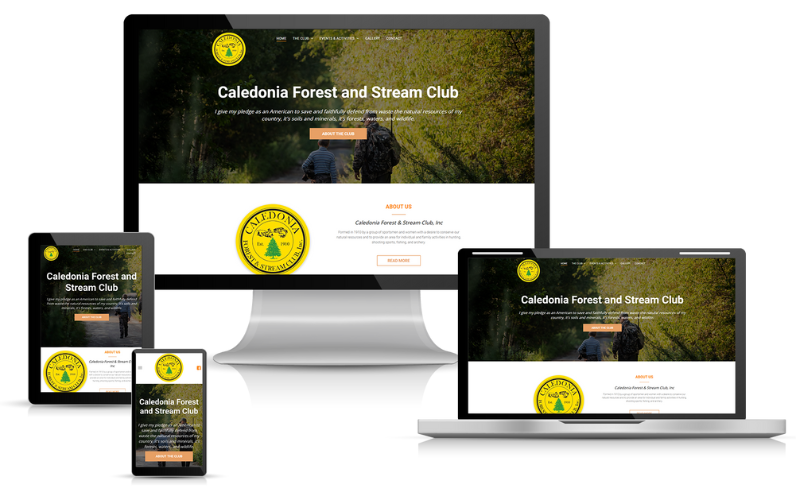 Caledonia Forest and Stream Club Website mockup, Caledonia Forest and Stream Club, displayed on various devices.