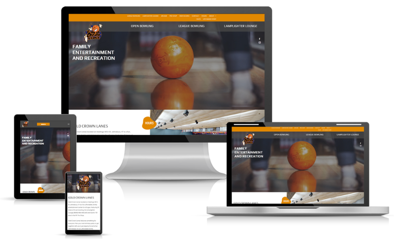 Gold Crown Lanes Website displayed on multiple devices: desktop, tablet, laptop, and smartphone, orange logo in header.