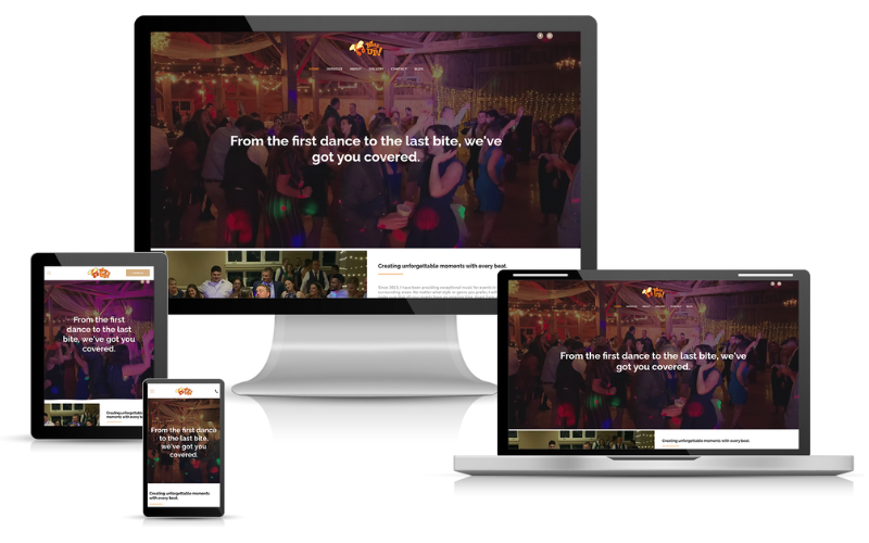 Village Sports Shop Website design on multiple devices. Large crowd dancing in the background.