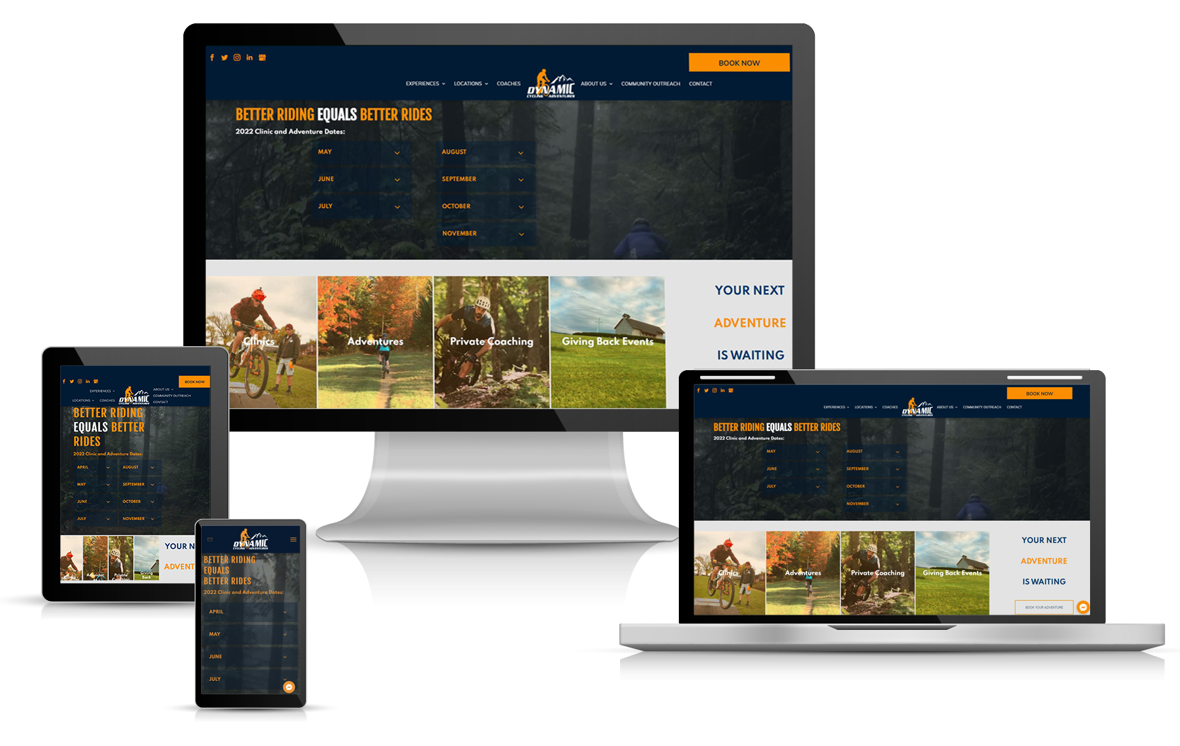 Dynamic Cycling Adventures Responsive website shown on desktop, laptop, tablet, and phone screens