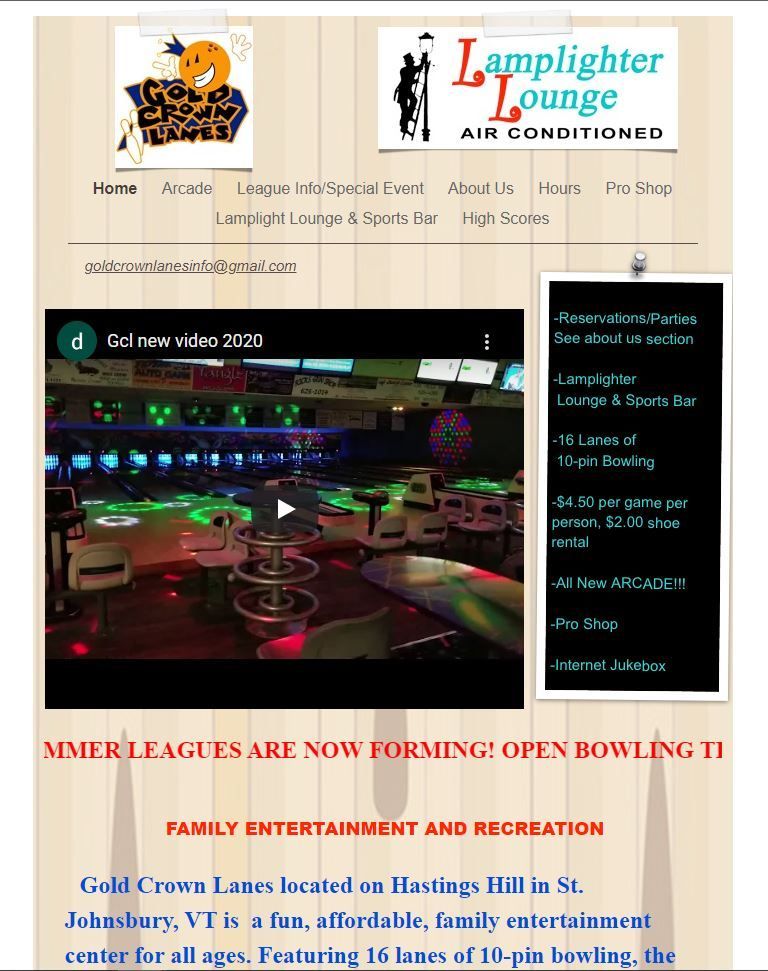 Website for Lamplighter Lounge, a bowling alley in St. Johnsbury, VT, showing the lanes and current events.