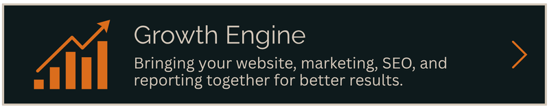 Dark banner with orange growth chart icon and text: “Growth Engine” and marketing services tagline.
