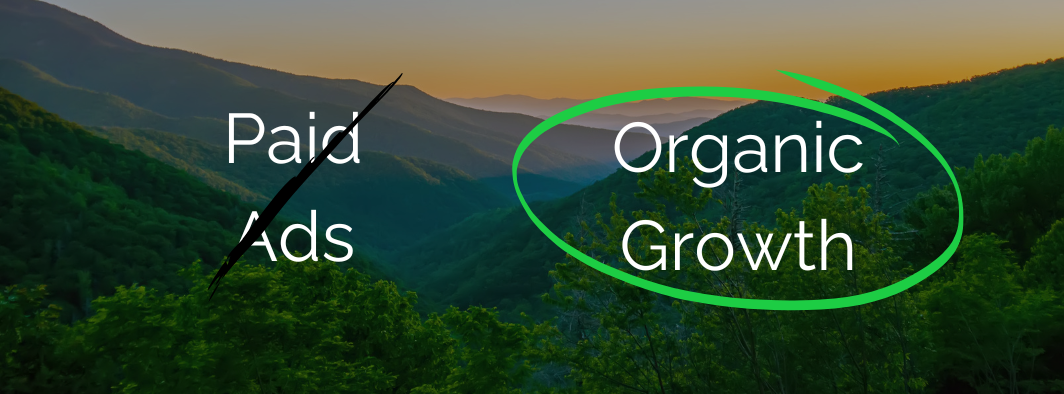 A picture of a mountain with the words paid ads and organic growth circled in green.