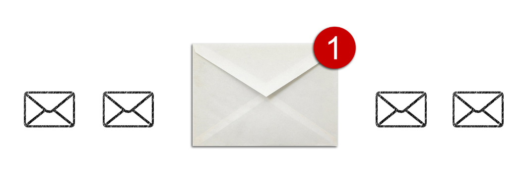 A white email icon with a red notification on it surrounded by 4 envelope icons