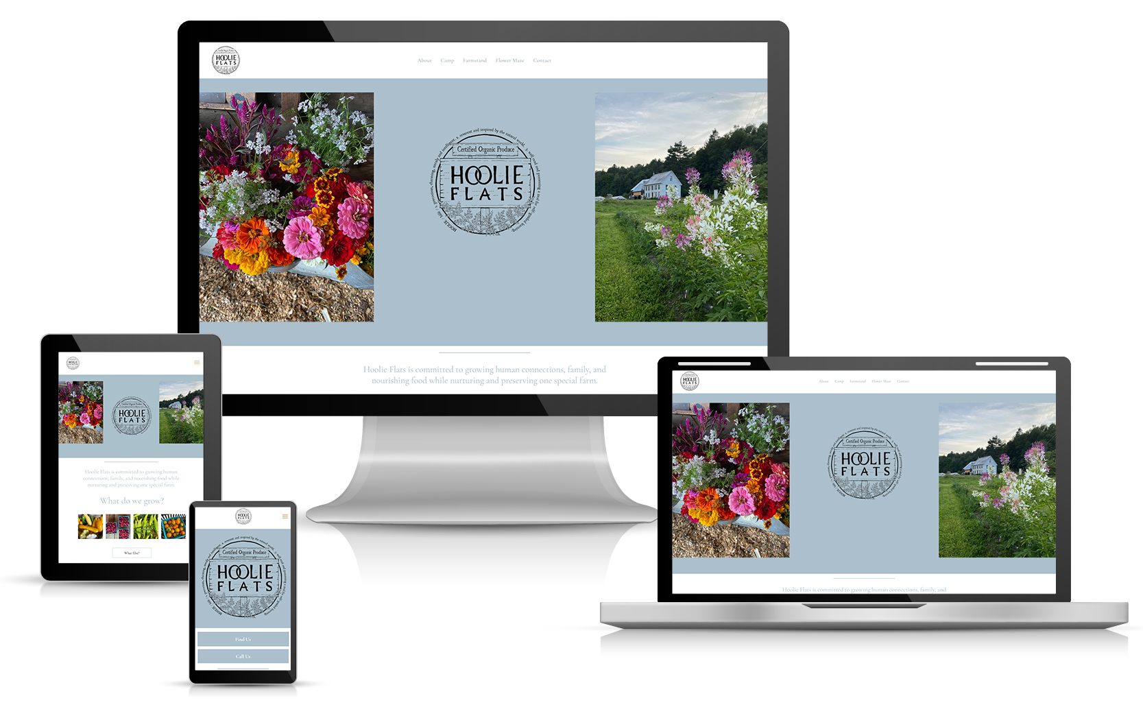 Hoolie Flats Website mockup, Hale Farm logo, floral arrangements, and outdoor field displayed on multiple devices.