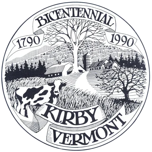 Kirby, Vermont Bicentennial emblem: cow, farm scene, trees, and dates 1790-1990 in a circular design.