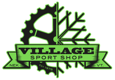 Logo for Village Sport Shop: green and black gear/snowflake design, text