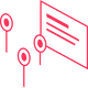 Three map pins pointing to a display with a list, all in red.