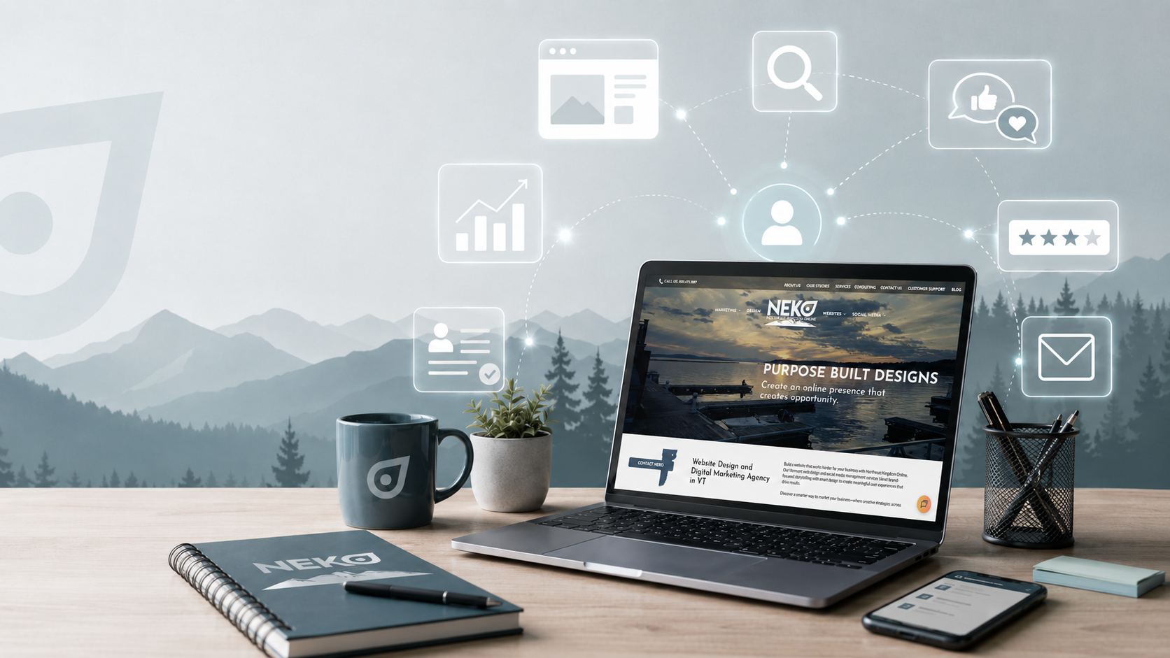 NEKO-branded workspace with a laptop showing the Northeast Kingdom Online homepage and digital marketing icons.