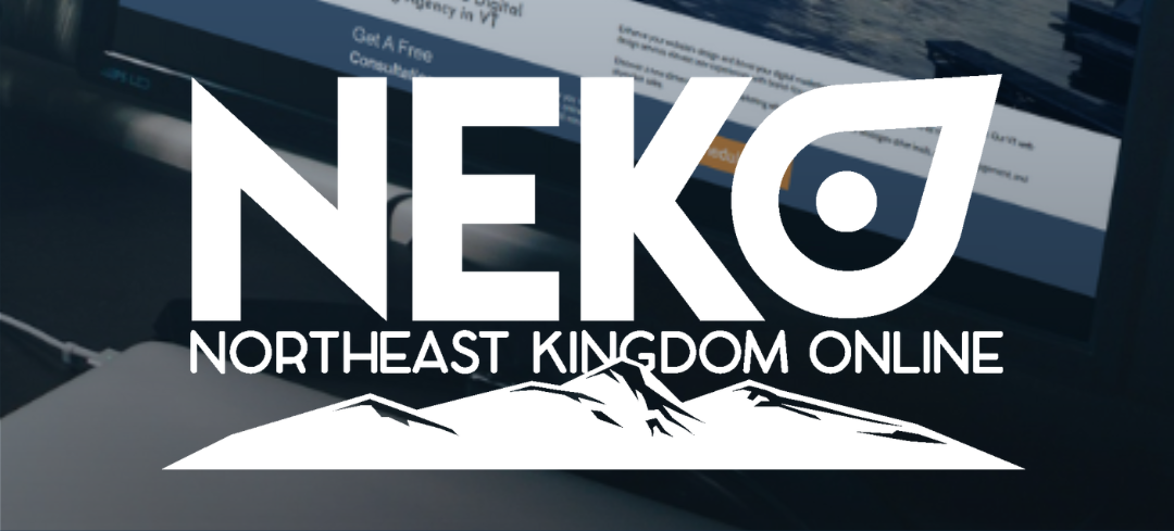 Logo for Northeast Kingdom Online, in front of a laptop with the home page of the business's website.