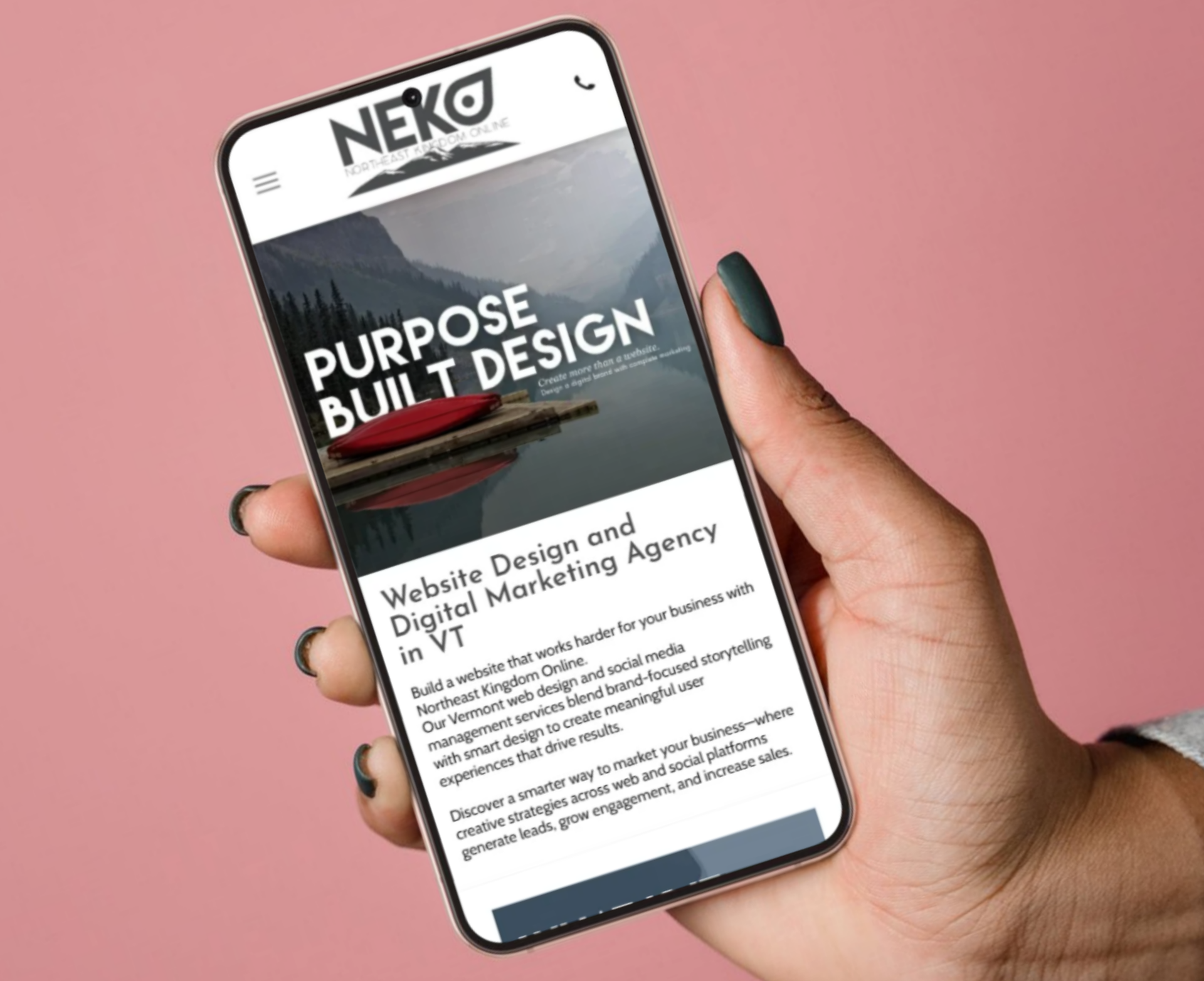 Hand holding a smartphone displaying the NEKO website homepage with the headline ‘Purpose Built Design.’