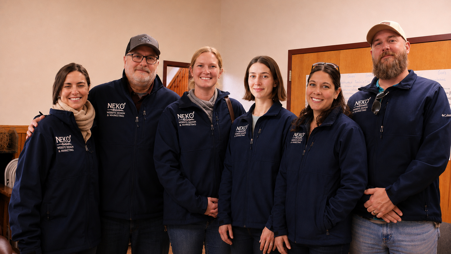 Six people in matching navy jackets standing indoors and smiling at the camera.