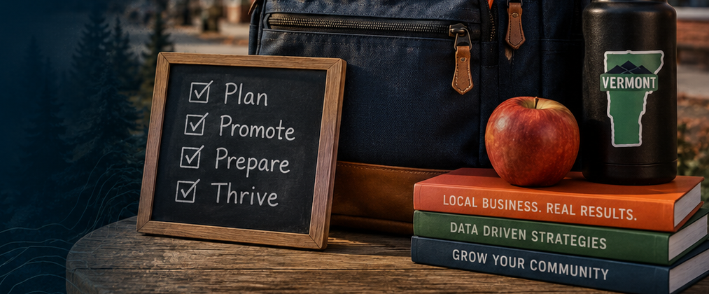 Chalkboard and stacked books beside an apple, with a desk sign reading “Plan, Promote, Prepare, Thrive.”