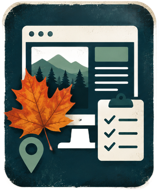 Foliage season website icon featuring a website window, checklist, fall leaves, and Vermont imagery.