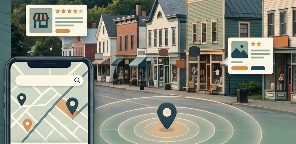 Street map app overlay on a quaint main street with location pin and business icons