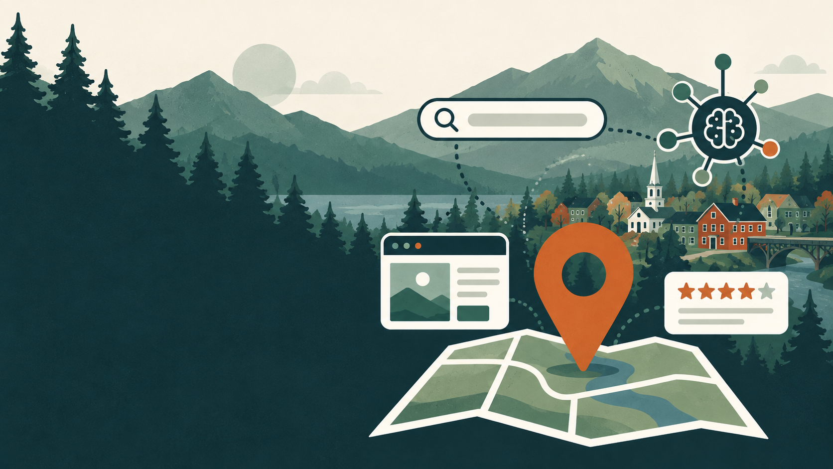 Local business search graphic featuring a Vermont town, map pin, website, reviews, search bar, and AI search icons.