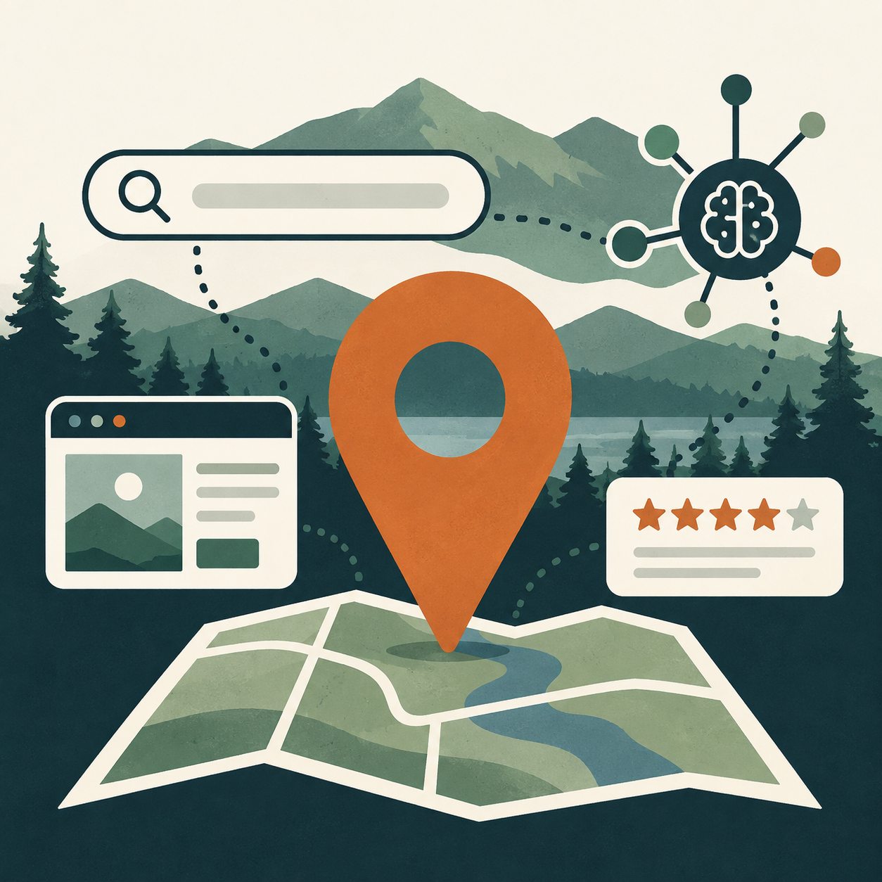 Local search illustration with a map pin, search bar, website, reviews, and AI search elements.